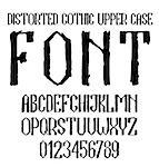 Handwritten black distorted gothic upper case alphabet with numbers. Vector illustration