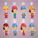 Builders with Icons Set. In the EPS file, each element is grouped separately. Clipping paths included in additional jpg format.