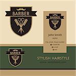 Vector heraldic logo for a hairdressing salon. Business card and banner. Template for corporate style barbershop. Status and elegance.