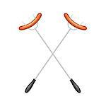 Two crossed forks with sausages on white background