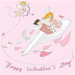 Valentine's Day card, Love Day cartoon illustration of two lovers in a plane flying and Cupido with bow