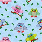 Seamless vector pattern with colorful ornamental owls on a blue background