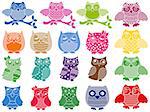 Set of nineteen colorful ornamental vector owl stencils isolated over white background