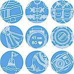 Set of round blue vector icons with white line elements for diving and snorkeling on white background.