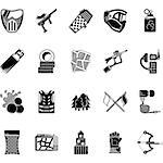 Set of black style vector icons for paintball equipment, accessory and objects on white background.