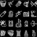 Set of flat white line vector icons for paintball objects on black background.