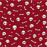 Cartoon Skulls with Hearts on Red Background Seamless Pattern. Editable pattern in swatches. Clipping paths included in additional jpg format