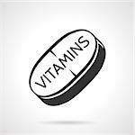 Black contour vector icon for tablet with word Vitamins on white background. Complex of vitamins for athlete health.