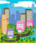 Cartoon illustration of a road to a city