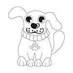 Cartoon puppy, vector illustration of cute dog wearing collar with pet paw tag, happy doggy, coloring book page for children