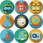 Set of flat color design round vector icons with colored elements and objects for sea leisure with long shadow on white background.