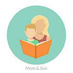 Mom with son are reading a book. Flat modern illustration
