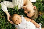 Young woman with her little daughter, relaxing on grass in park. The mom touches her toddler head and caresses her smiling. High angle view, closeup