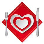 White and red empty plates in heart shape with fork and knife on a white background. Vector illustration.