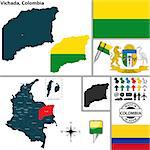 Vector map of region of Vichada with coat of arms and location on Colombian map