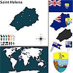 Vector map of Saint Helena Island with coat of arms and location on world map