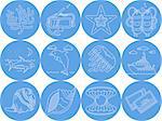 Set of round blue vector icons with white line elements of sea leisure and underwater creatures on white background.