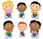 Handicapped happy children in wheelchair. Cartoon characters isolated on white. Multiracial boys and girls.