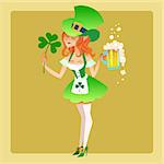 Girl elf green costume St. Patricks day with a beer and leaves of the Shamrock