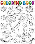 Coloring book girl chasing butterflies - eps10 vector illustration.