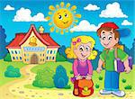 Two children near school - eps10 vector illustration.