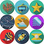 Set of flat color design vector icons for sea adventures on white background.