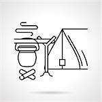 Black flat line vector icon for campsite with tent and campfire with hanging bowler on white background.