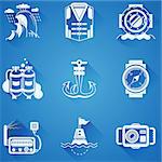 Set of white silhouette vector icons for sea leisure and diving on blue background.