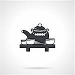 Single black silhouette icon for teapot and three cups for tea ceremony on white background.