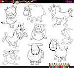 Coloring Book Cartoon Illustration Set of Funny Farm Animals Characters