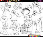 Coloring Book Cartoon Illustration Set of Funny Animals with their Favorite Food