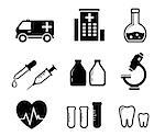 set black isolated icons with objects for medicine industry