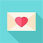 Envelope with heart. Flat stylized object with long shadow