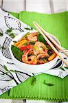 Rice glass (cellophane) noodles with shrimps and vegetables in white bowl