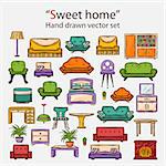 Vector hand drawn icon set with various home interior decor in doddle style with shadow