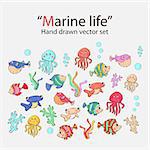 Vector marine life hand drawn set with sea inhabitants.