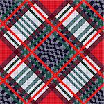 Diagonal seamless vector pattern as a tartan plaid mainly in red, blue and light grey hues