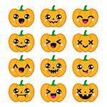 Celebrating Halloween - pumpkin with cute or scary faces icons set isolated on white