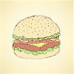 Sketch tasty hamburger in vintage style, vector