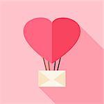Heart shaped air balloon with envelope. Flat stylized object with long shadow