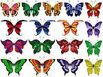 Set of seventeen colorful ornamental butterflies isolated on a white background, hand drawing vector illustration