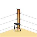 Boxing corner with wooden stool and white ropes on white background