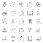 Set of 25 thin line travel and vacation icons