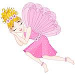 Cute fairy in pink dress with transparent wings is sleeping, vector illustration, eps 10
