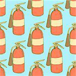 Sketch colorful extinguisher in vintage style, vector seamless pattern