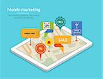 Mobile marketing and personalizing. Smartphone with map and tags. Text outlined, free font Lato