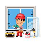 Carpenter Installs the New Window. Isolated on white background. Clipping paths included in additional jpg format.