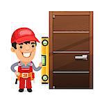 Carpenter Checks the New Door. Isolated on white background. Clipping paths included in additional jpg format.