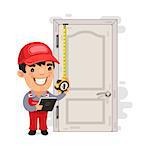 Carpenter Measures the Old Door. Isolated on white background. Clipping paths included in additional jpg format.