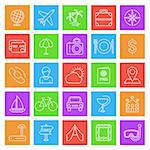 Set of 25 color thin line travel and vacation icons